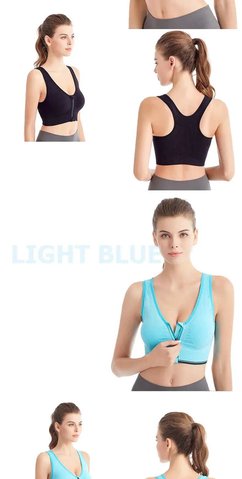 Women's sports bra with front zipper; two-color black and light blue seamless breathable bras shown.
