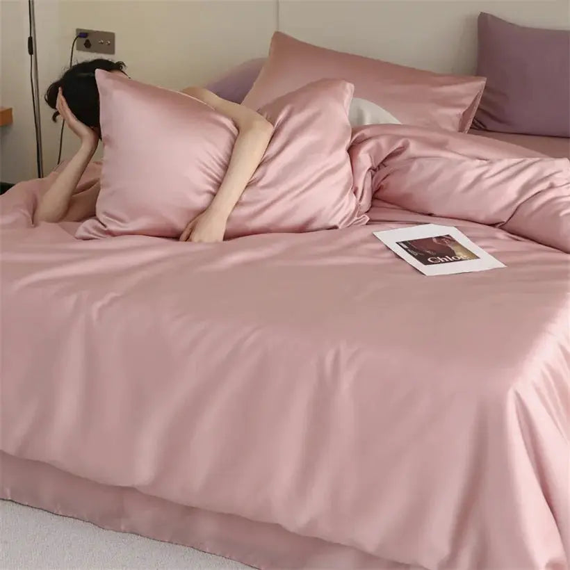 Mulberry Silk Bedding Set by Simples Market in pink with duvet cover, bedsheet and pillowcases