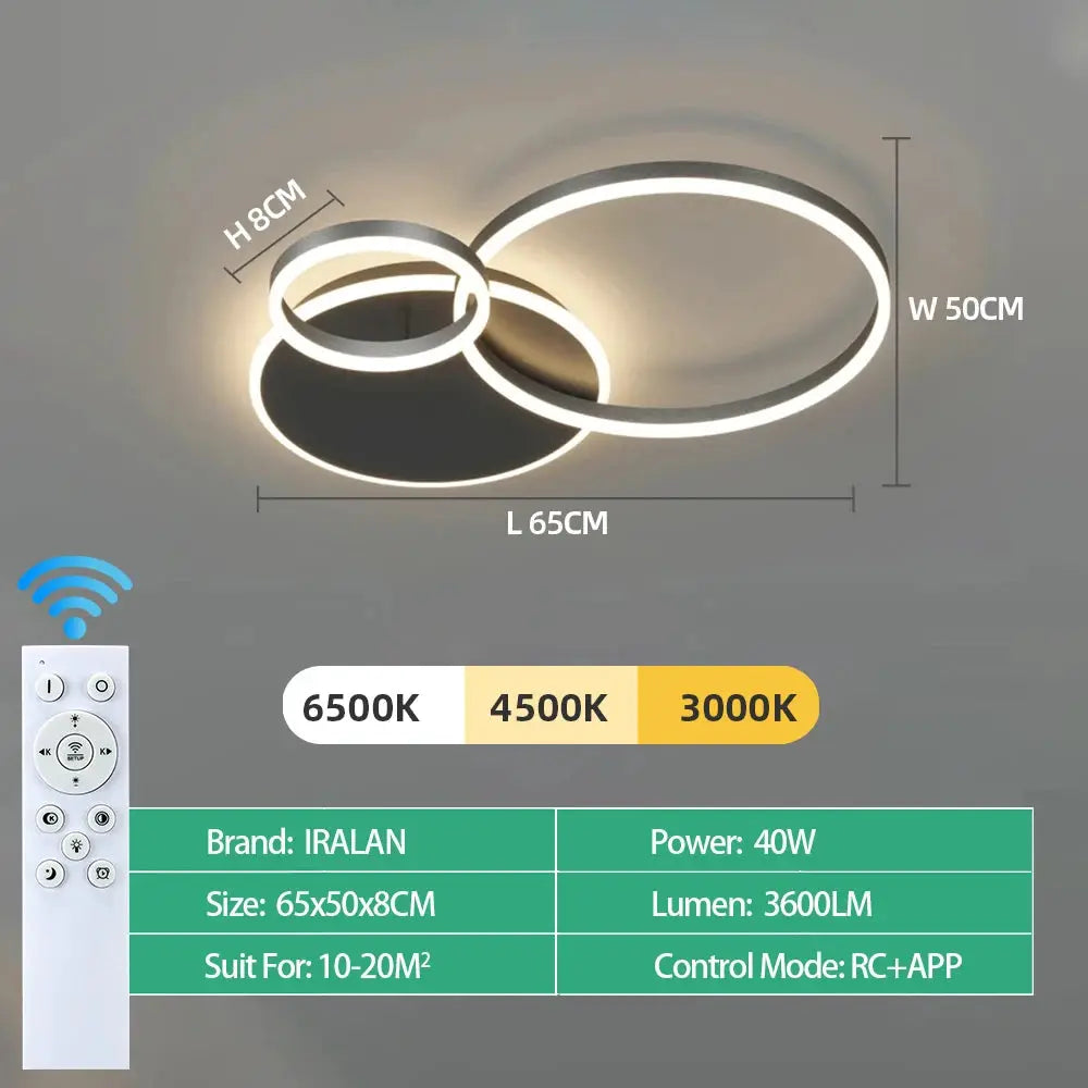 IRALAN modern LED ceiling chandelier with overlapping rings; dimmable, 40W, 3600LM, 3000–6500K, remote control