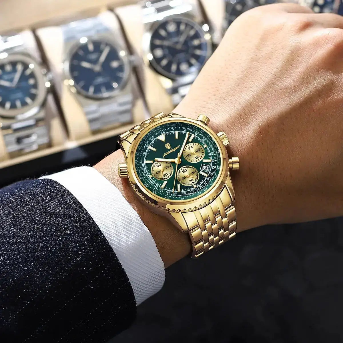 POEDAGAR men's gold-tone stainless steel chronograph watch with green dial and date window