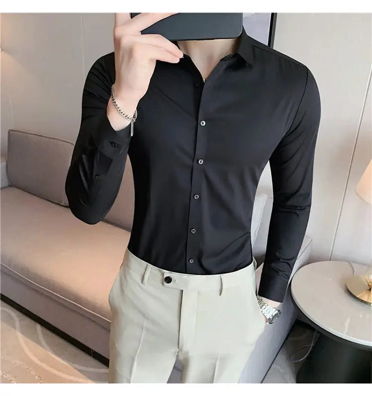Plus-size men's black long-sleeve dress shirt, slim fit with high elasticity