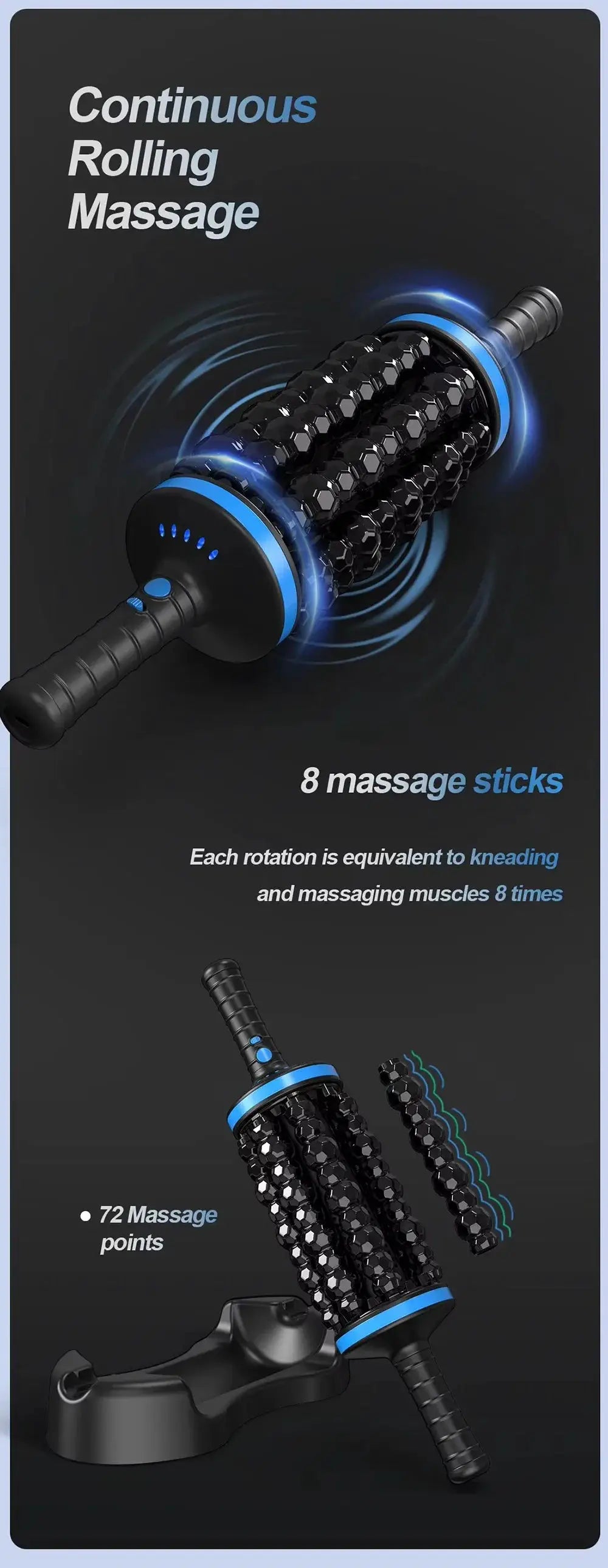Simples Market cordless roller body massager with 8 black massage sticks and blue accents.