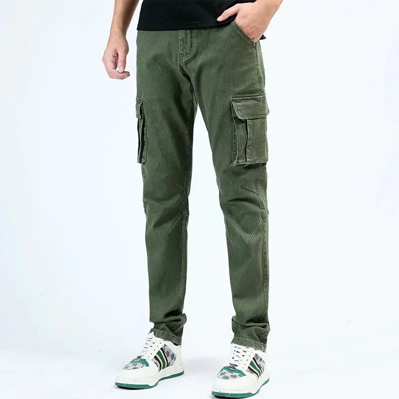 Men's denim cargo pants olive green with elastic waist, slim fit and multiple pockets.