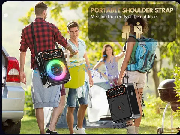 S68 Kara Ok portable Bluetooth speaker with 2 microphones, two black speakers with RGB LED for outdoor parties.