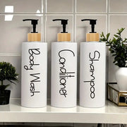 Three Pack Reusable Bathroom Pump Dispenser Bottles Shampoo Shower Gel