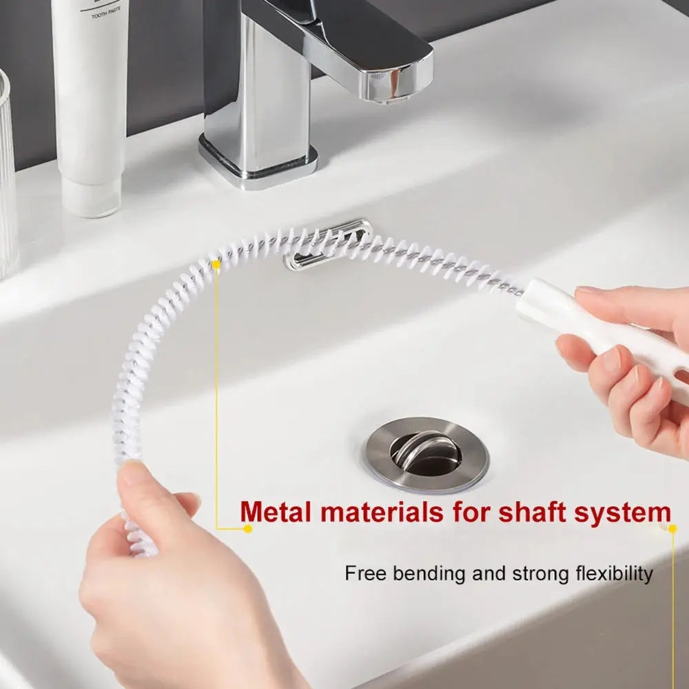 Pipe dredging brush by Simples Market for bathroom sink drain cleaning, flexible coiled metal shaft with white handle.