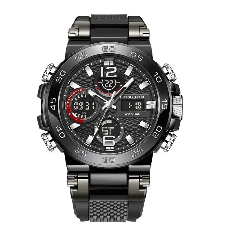 FOXBOX men's business sport diver watch with chronograph, black metal bracelet, includes box