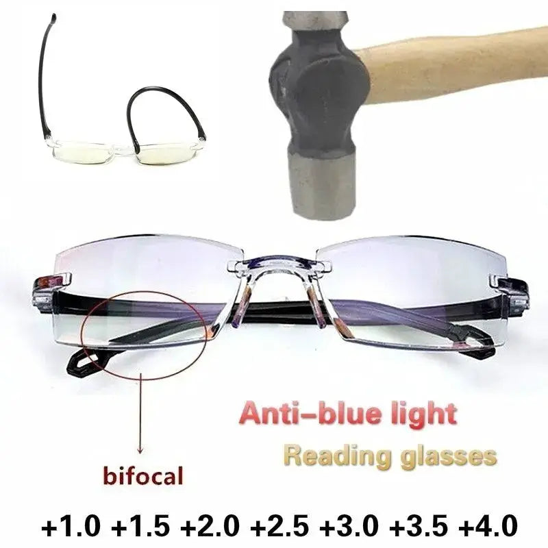 OptiVision Rimless Reading Glasses Two Pairs For Men And Women Anti Blue Light Bifocal Near To Far Magnification