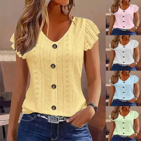 Women's button-front eyelet top with V-neck and ruffled short sleeves; yellow main color, six color options shown.