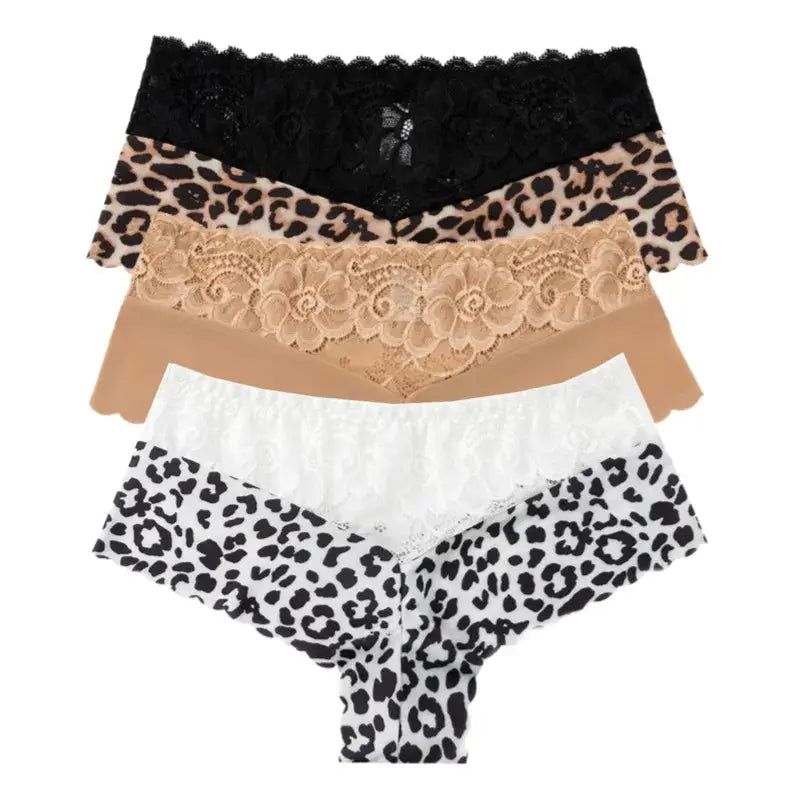 Simples Market women's lace panties 6-pack in assorted leopard print and solid colors.