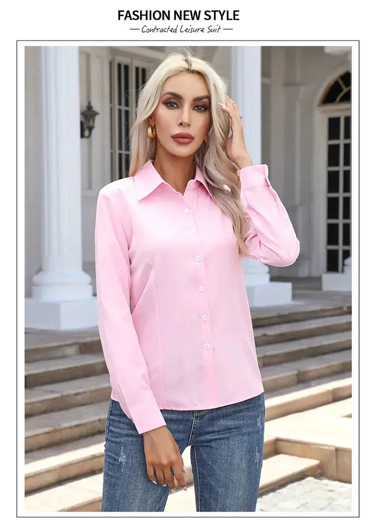 Women pink chiffon button-down blouse with long sleeves and turn-down collar, casual OL top