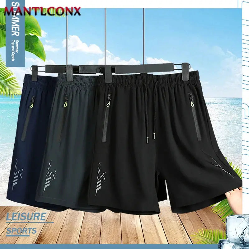 Men's gym shorts 3-pack in navy, gray, and black with drawstring waists and zip pockets