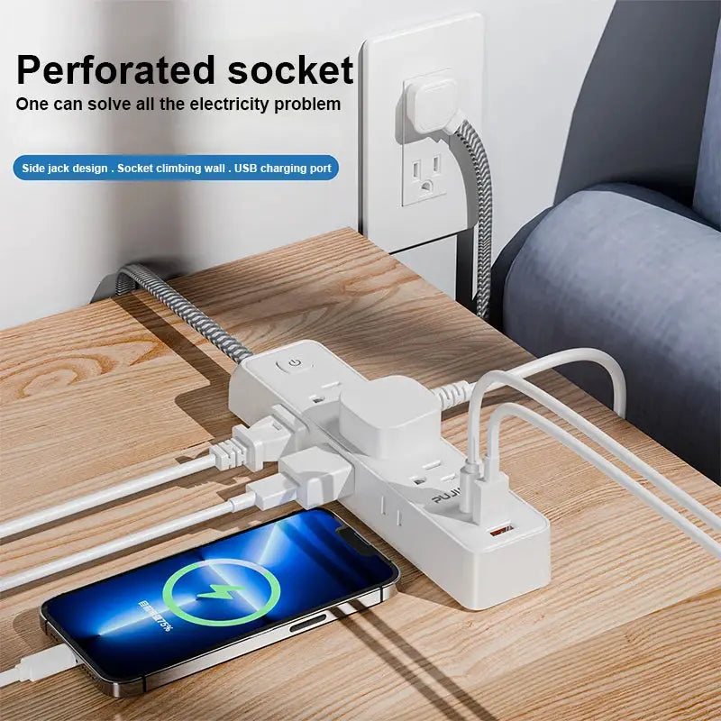 PUJIMAX 5FT Power Strip With 5 Outlets And 3 USB Ports Wall Mountable Surge Protector And Overload Protection