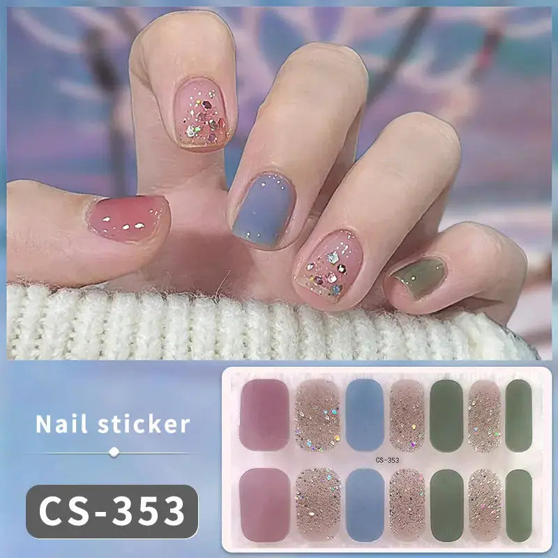 Simples Market 12-piece full-cover gradient nail sticker set with pink, blue, olive and glitter accents (CS-353)