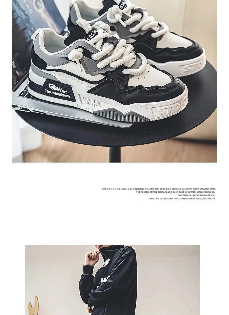 Men's trendy skate shoes, black/white/gray pair with a chunky sole; lace-up non-slip casual sneakers.