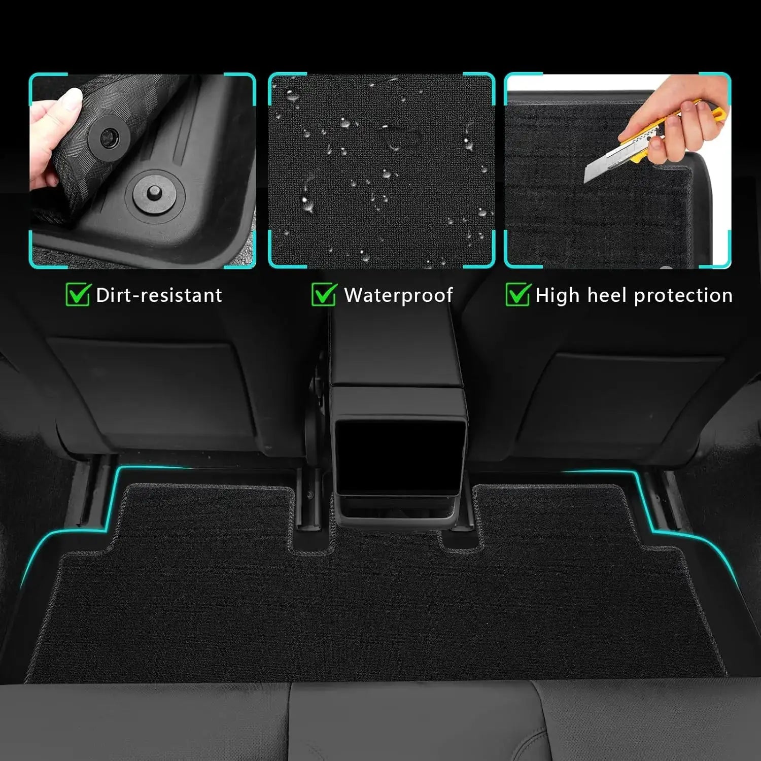 Simples Market Tesla Model Y trunk mats in black TPE; dirt-resistant, waterproof, and high-heel protection.