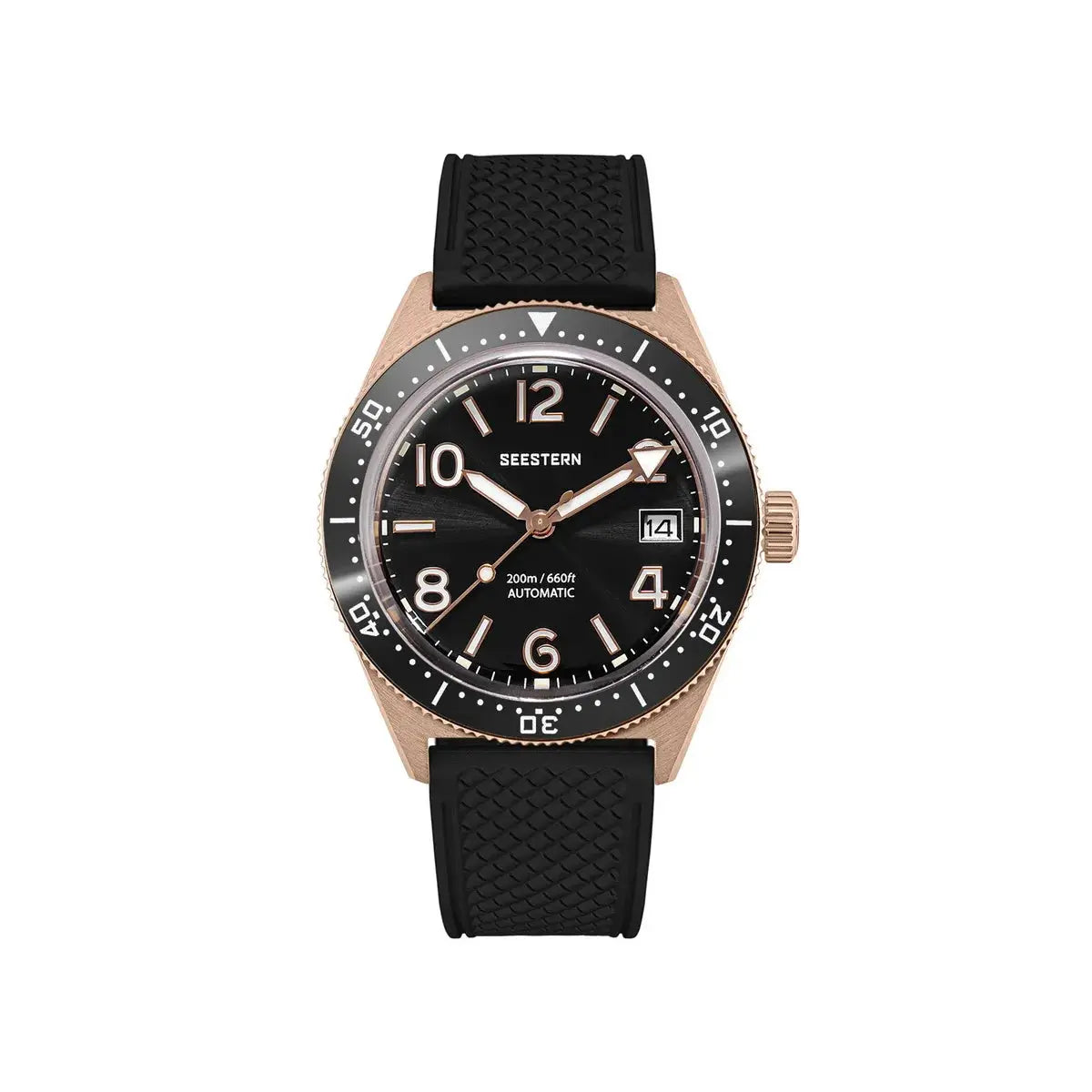 SEESTERN diver men's watch, rose-gold case, black dial, black rubber strap