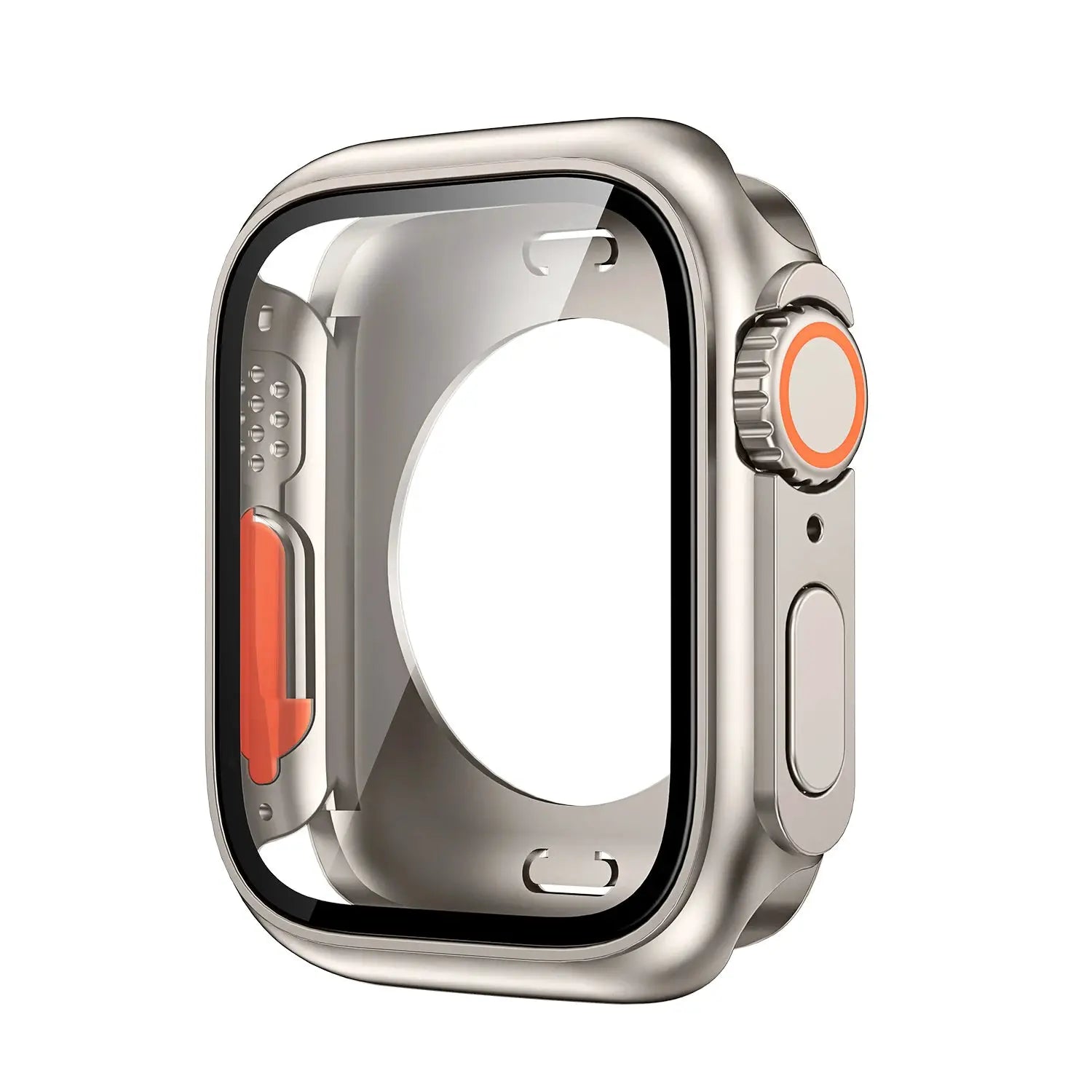 Simples Market Apple Watch bumper case with PC front and rear protector, metallic silver finish and orange crown ring
