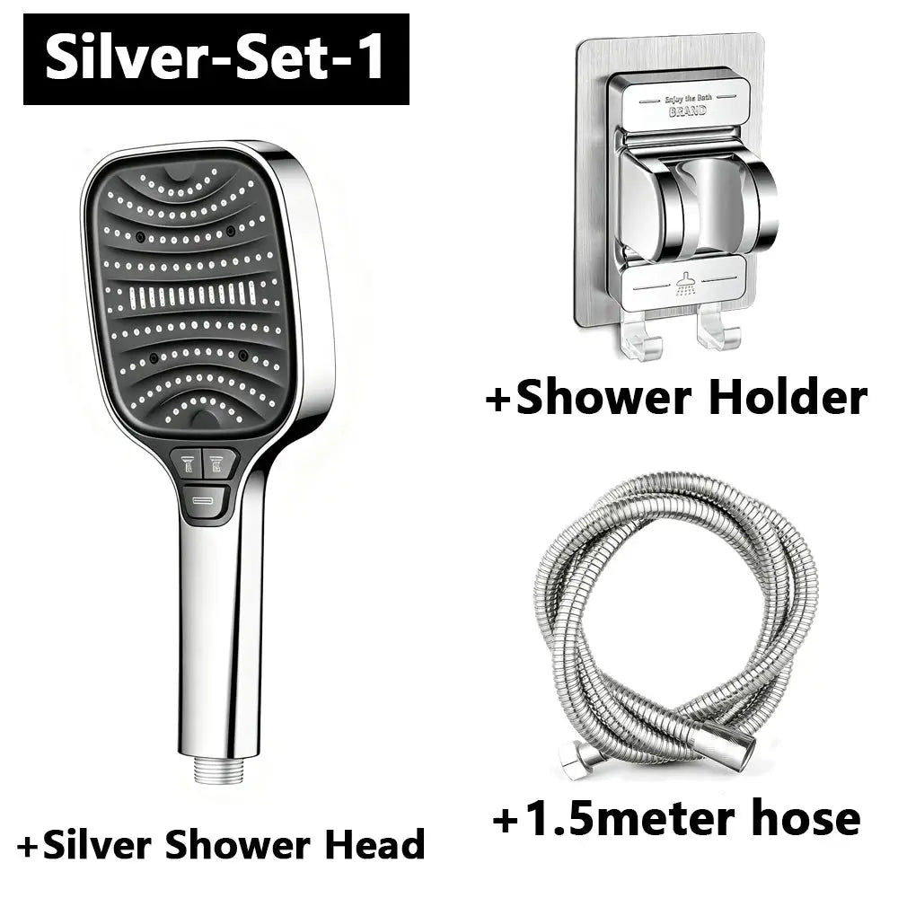 Square handheld showerhead 3-piece set in silver with 8 spray modes; includes chrome holder and 1.5m hose.