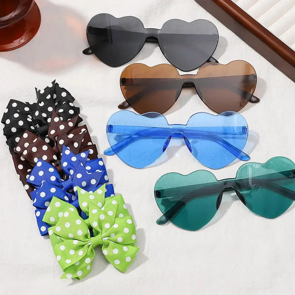 3 Piece Pack Solid Dot Hair Bows Clips For Girls Boutique Bowknot Hair Accessories With Heart Sun Glasses For Kids