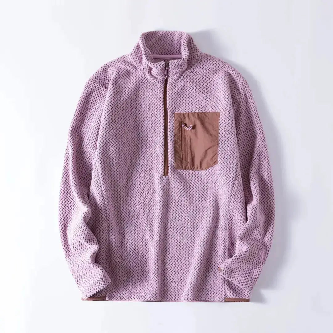 Simples Market pink fleece sweatshirt with semi-zipper, wavy pattern, brown chest pocket