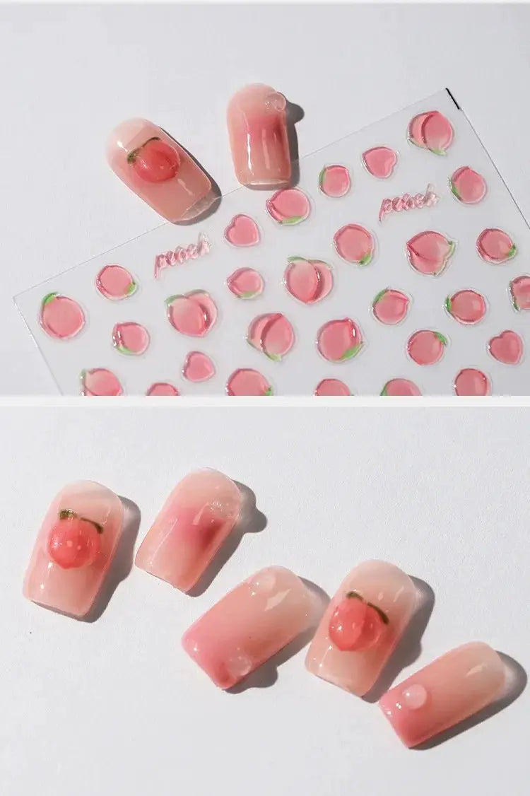 Nail art stickers pink translucent jelly finish with 3D peach fruit design, self-adhesive