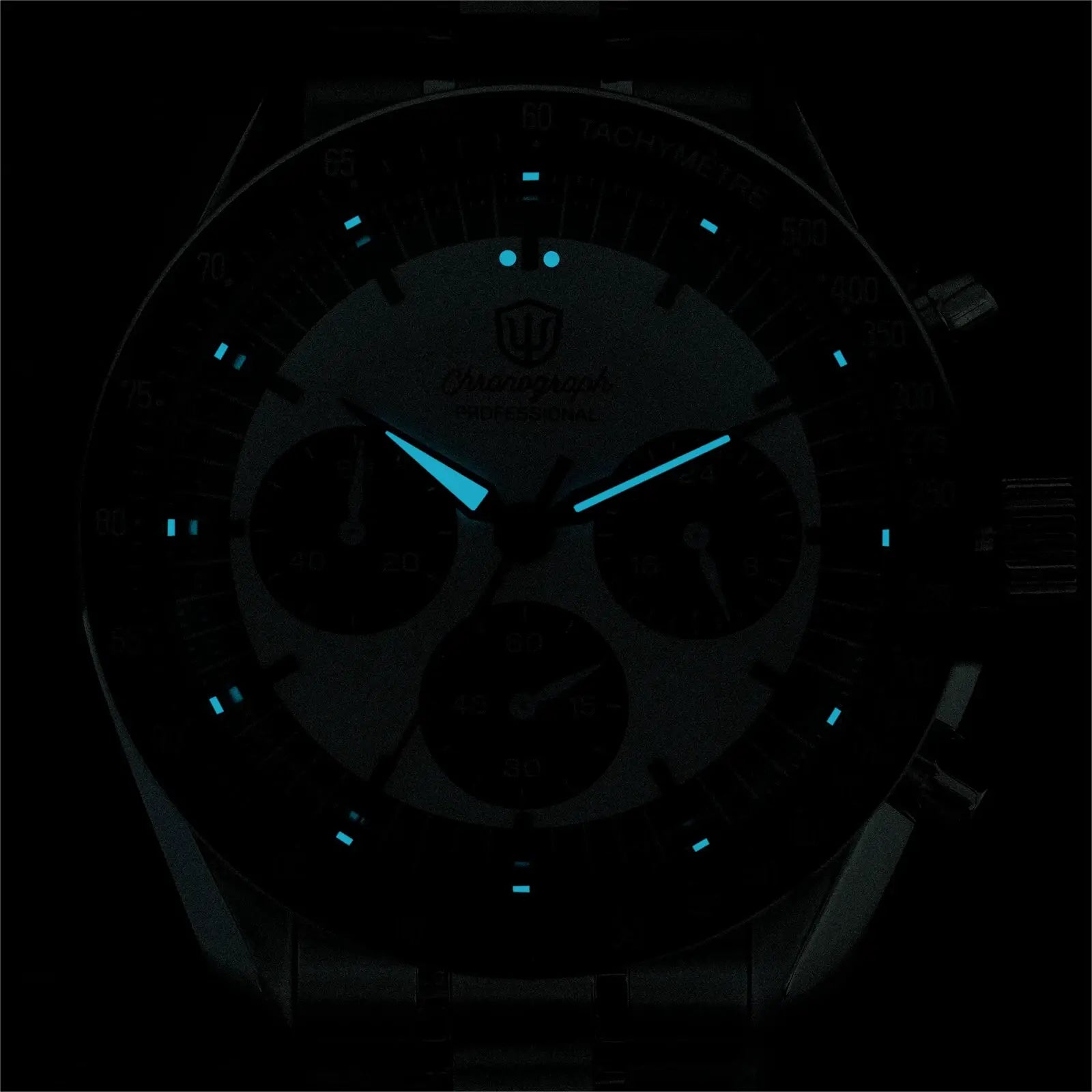 Watchdives WD1863 chronograph watch with blue luminous hands on a black dial and tachymeter bezel