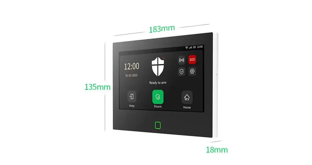 Staniot 7-inch home alarm touchscreen panel, white frame with black display, wall-mounted.