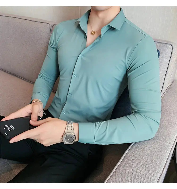 Men's Plus Size 4XL-M seamless high-elasticity teal long-sleeve dress shirt by Simples Market