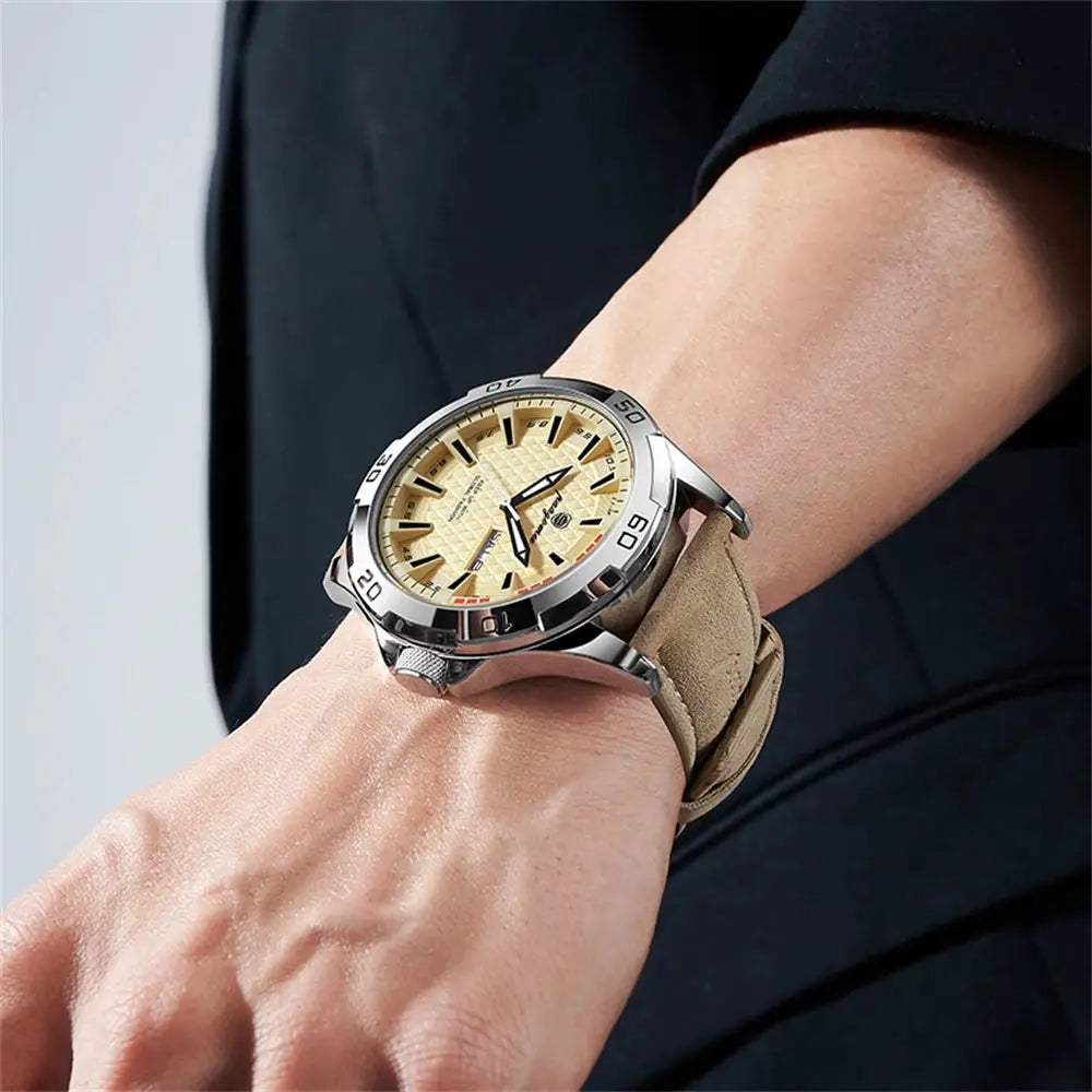 PAAZOMU men's luxury stainless steel watch with beige dial and tan leather strap