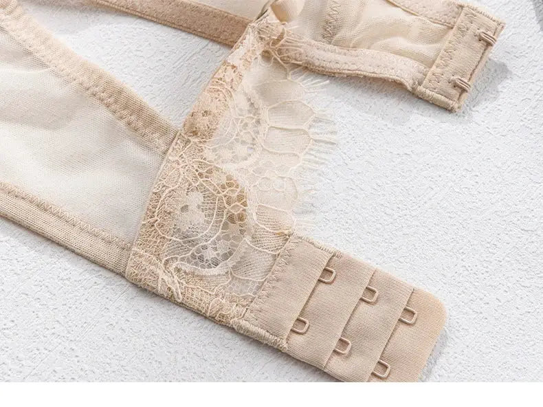 SuyaDream beige lace-padded, wire-free bra with back hook closures