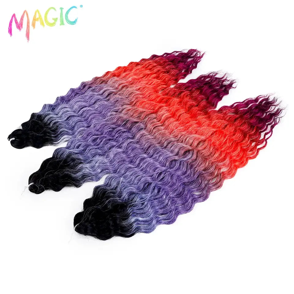 Magic Ariel Curl crochet hair extensions, synthetic water-wave twists, ombre black-purple-red, 22in, 4 bundles