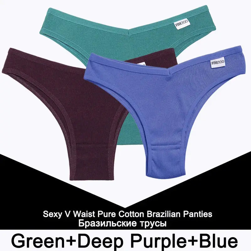 FINETOO 3-pack cotton thong panties in Green, Deep Purple and Blue; low-rise Brazilian briefs by Simples Market