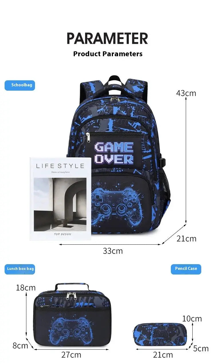 Backpack set for boys: blue camo 3-piece school bag with GAME OVER design, lunch box bag, pencil case by Simples Market
