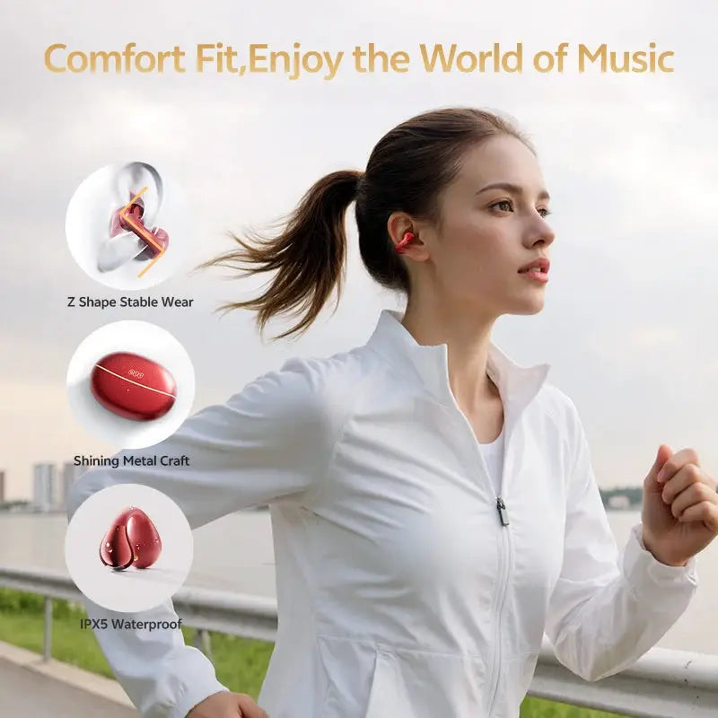 QCY Crossky C30S open-ear wireless earphones in red with clip-on design, Bluetooth 6.0