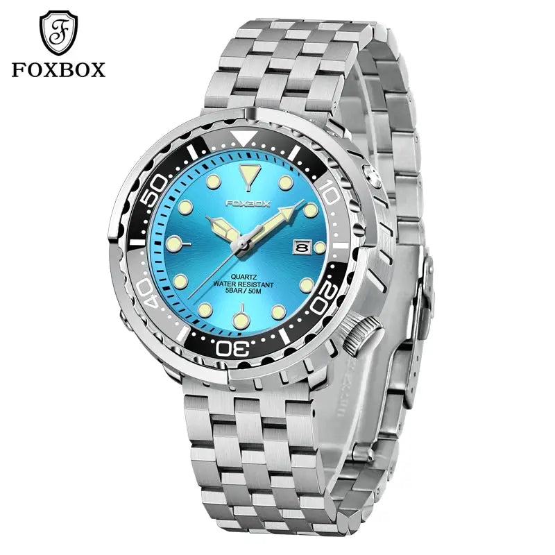 FOXBOX Quartz men's sport watch with blue dial, steel bezel, stainless bracelet, date window, 5ATM.