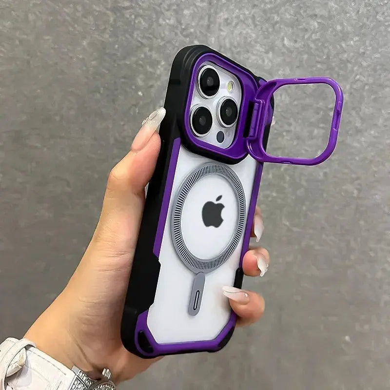 Armor Fold Lens Stand MagSafe phone case purple and black for iPhone shockproof.