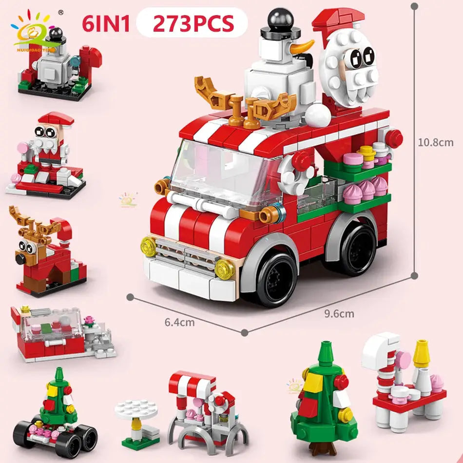 HUIQIBAO 6 In 1 Christmas Building Blocks Set Elk Deer Santa Claus Snow House Xmas Tree Bricks Toys for Children Gifts
