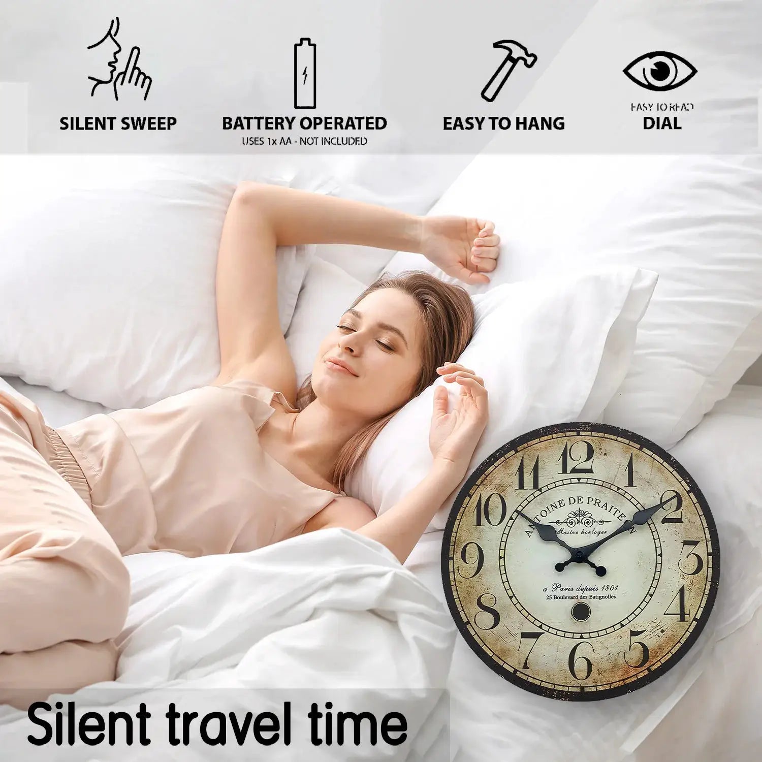 Retro wooden wall clock with an antique distressed beige dial sits beside a sleeping woman on a bed.
