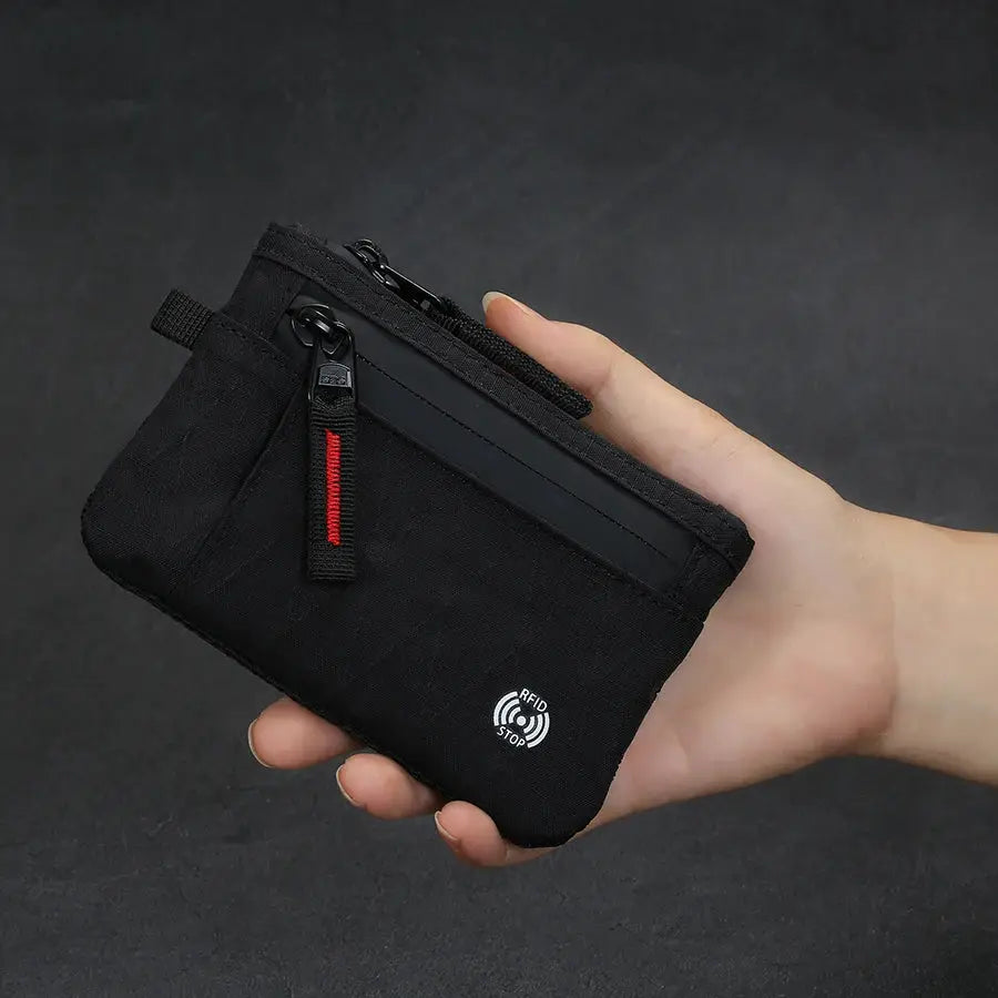 RFID credit card holder, black, slim anti-theft wallet with carabiner and nylon coin purse