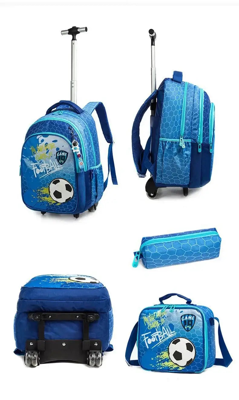 Children's wheeled backpack set with lunch box, blue football-themed rolling school bag by Simples Market