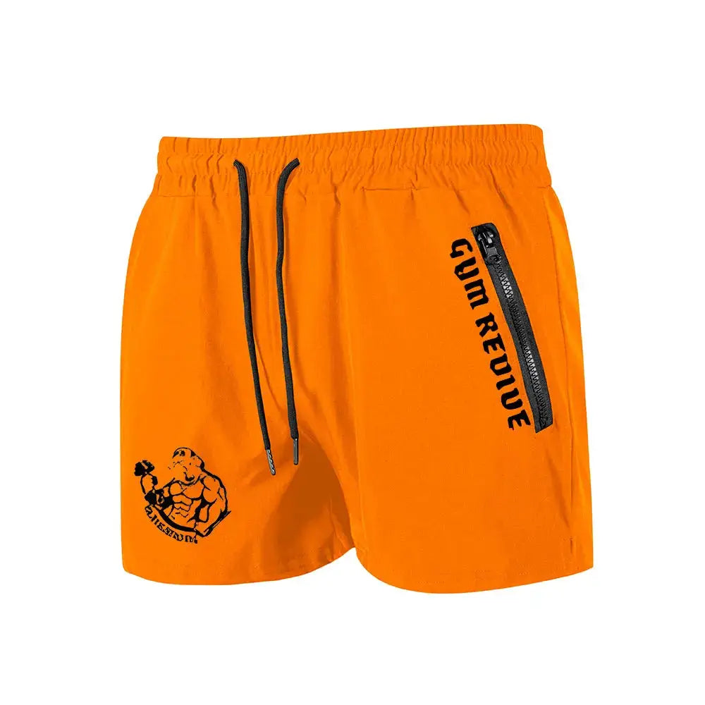 Men's orange Simples Market gym shorts with black drawstring, side zip pocket, and left-leg printed graphic