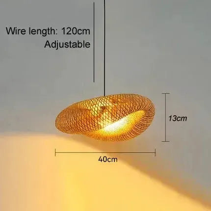 Bamboo-woven LED pendant light, handmade vintage-style hanging chandelier, 40 cm wide