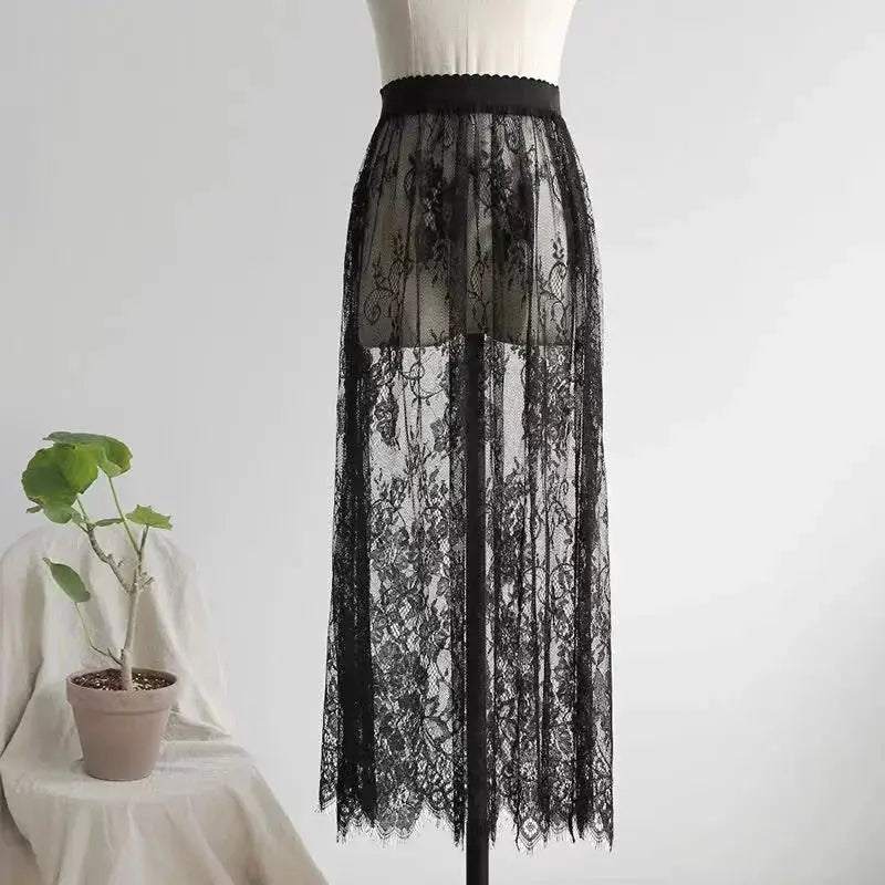 Black lace half slip underskirt with sheer overlay for summer wear