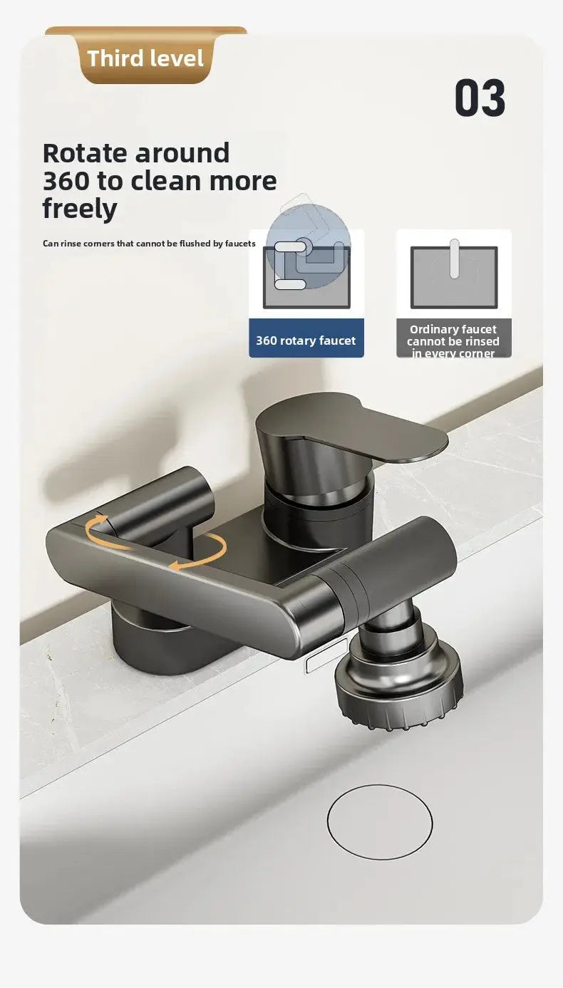 Wash Basin Faucet by Simples Market, black matte finish, dual-hole hot and cold, 360° rotation.