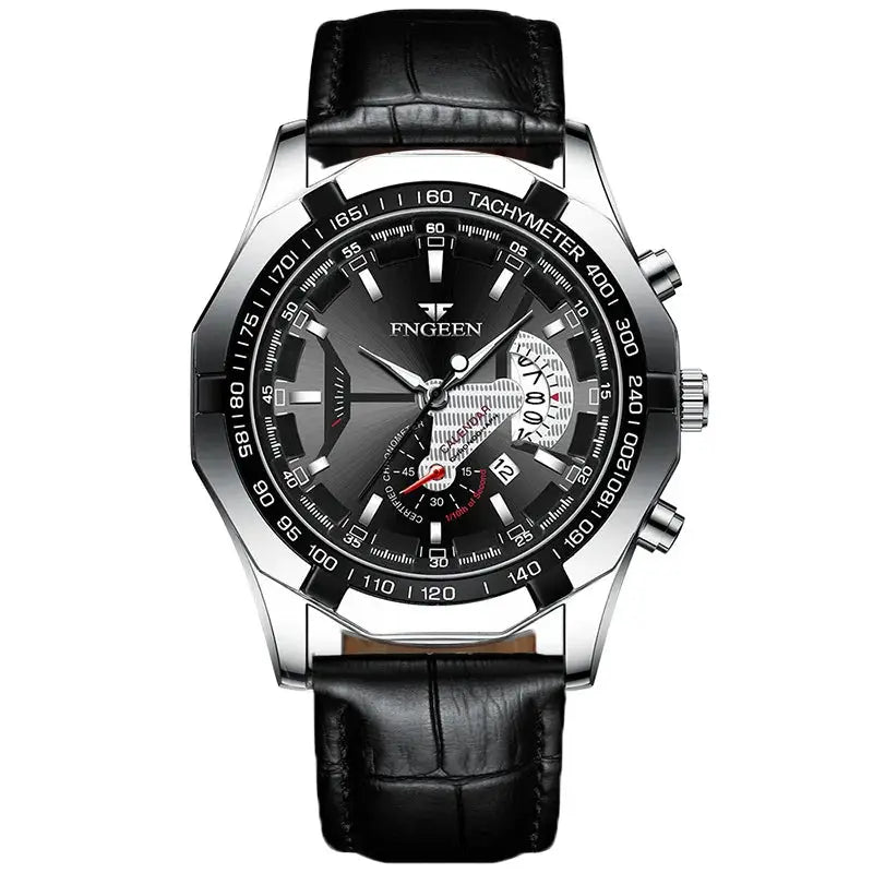 Men's wristwatch by FNGEEN with stainless steel case, black leather strap, tachymeter bezel