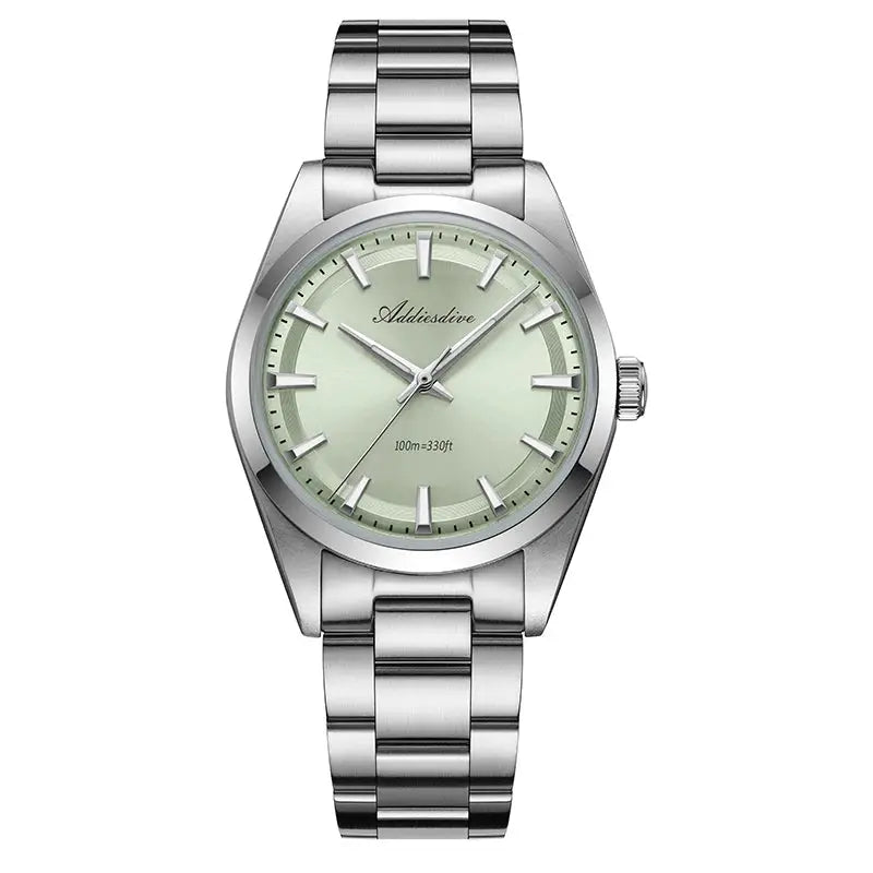 Addiesdive AD2066 men's stainless steel watch with pale green dial, 36mm case, 100m water resistant
