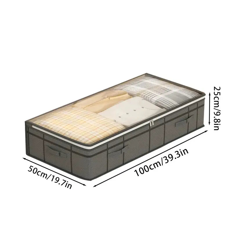 Large under-bed clothes storage bag by Simples Market; foldable, grey fabric with transparent lid, 100×50×25 cm