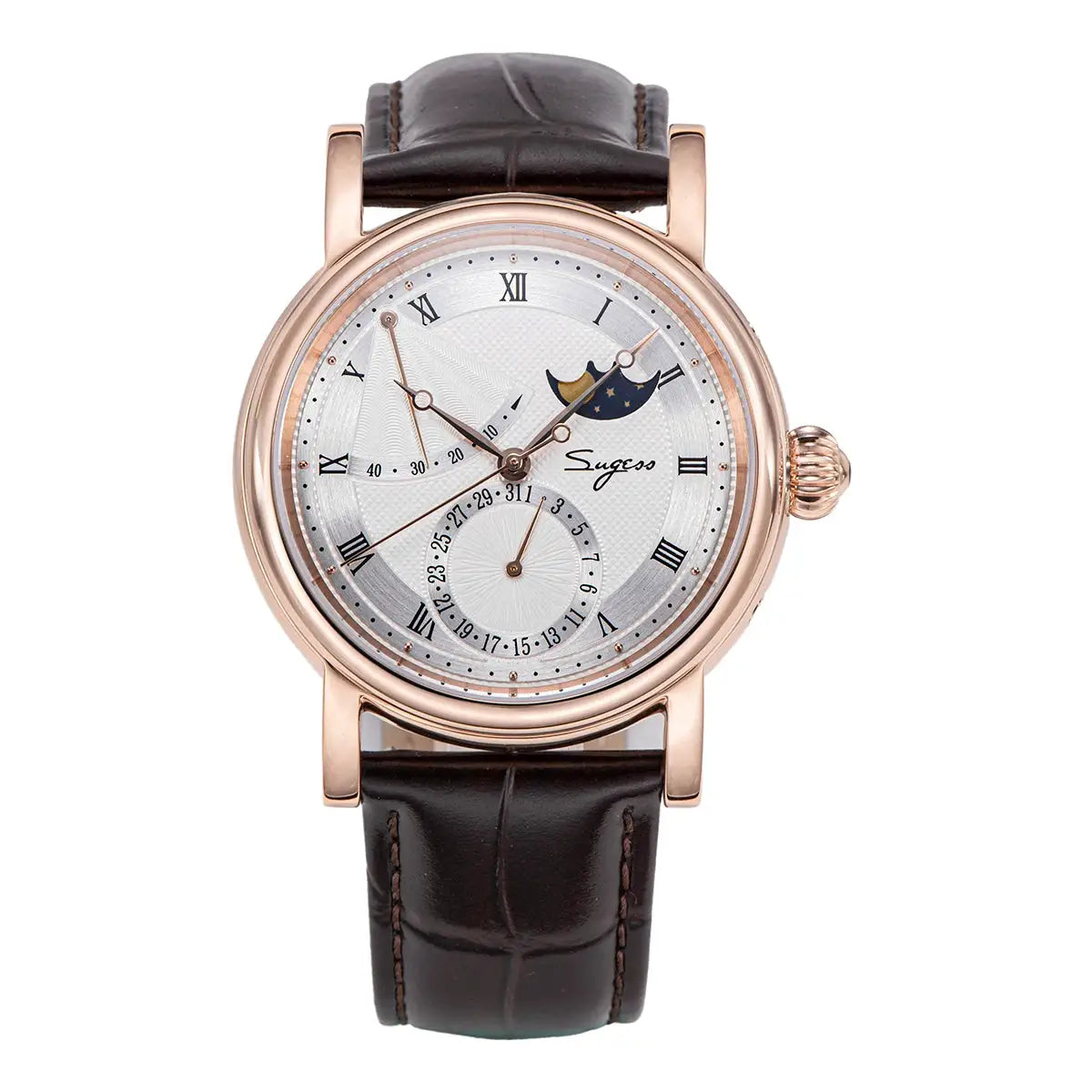 Sugess Moonphase men's watch with rose-gold case, brown leather strap, moonphase dial.