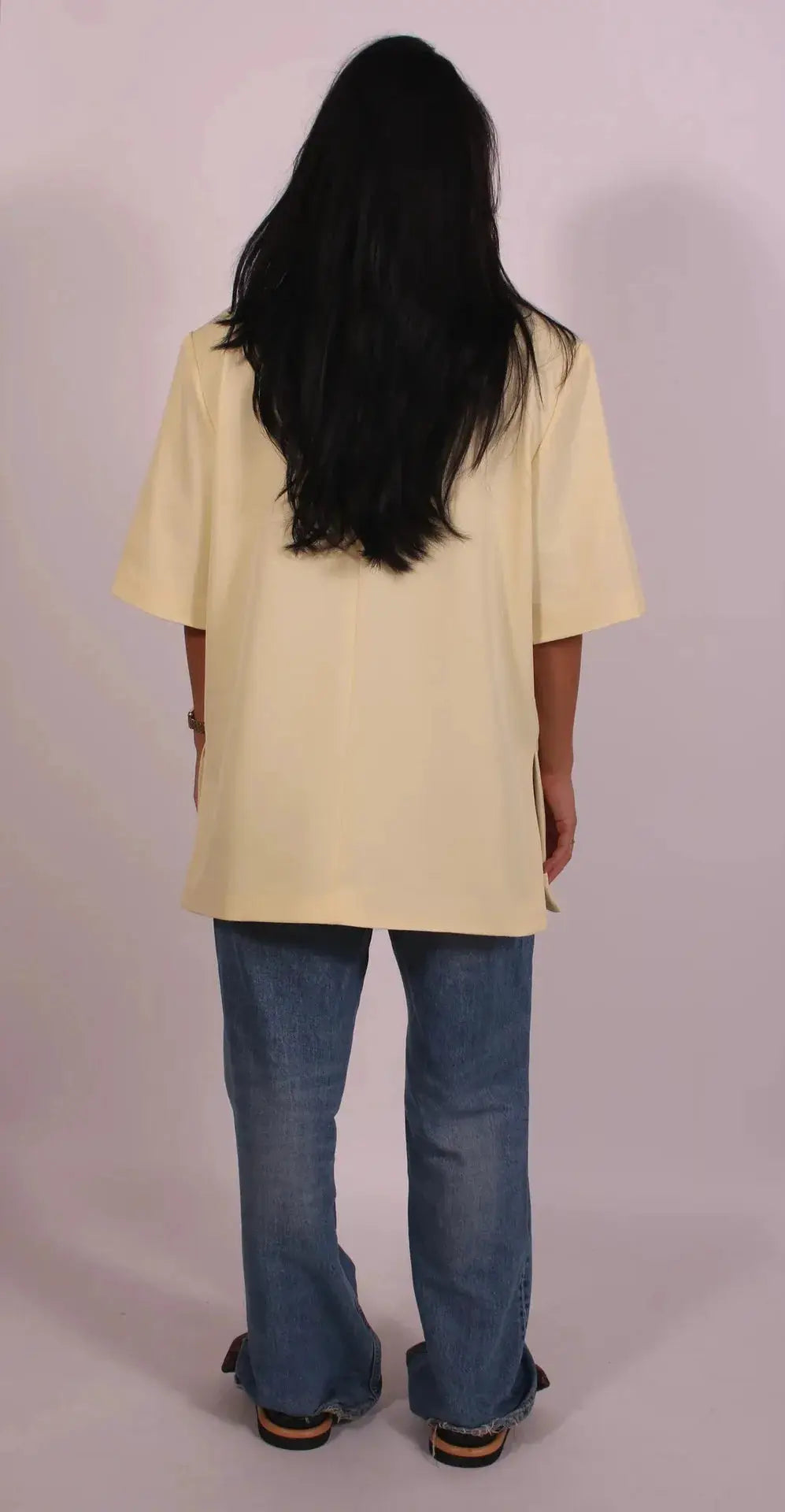 Simples Market ladies loose pale-yellow blazer coat, casual solid style with short sleeves back view